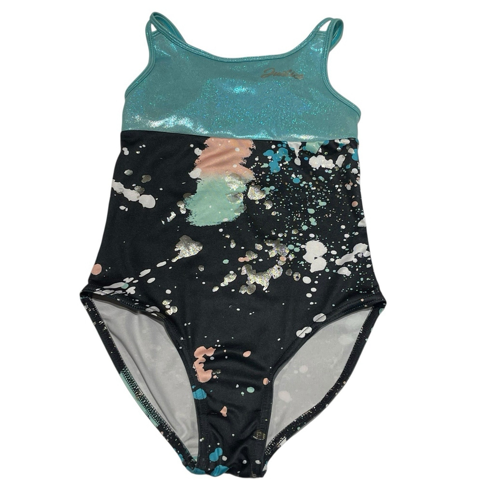 Justice‎ Girls One Piece Dance Leotard Swimsuit Shimmery Blue Black Splatter 7/8